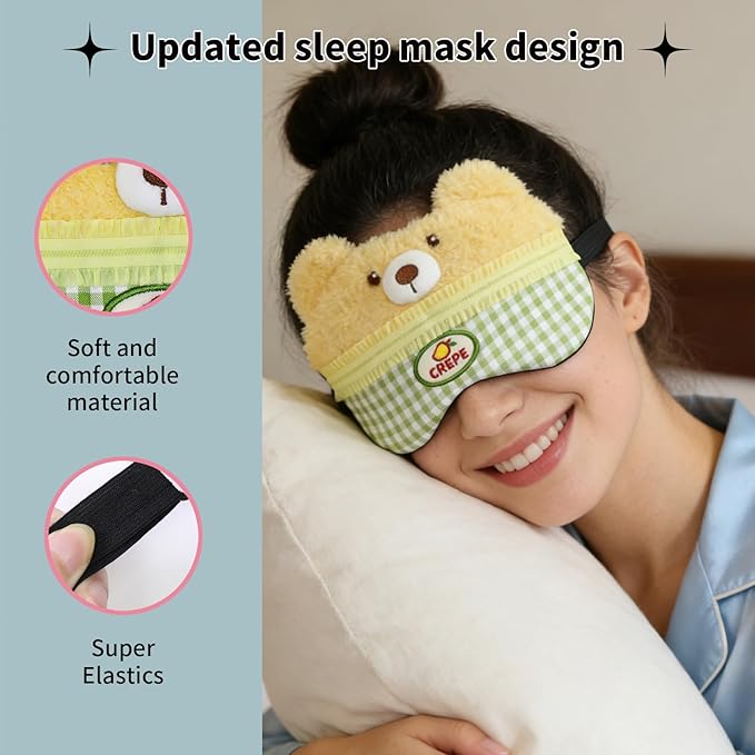 PERFECTSIGHT Sleep Eye Masks, Cute Plush Sleep Eye Cover Lightweight Adjustable Eyeshade Faux Fur Mask Cover for Women Men Kids Sleep Travel Nap, Cake Bear