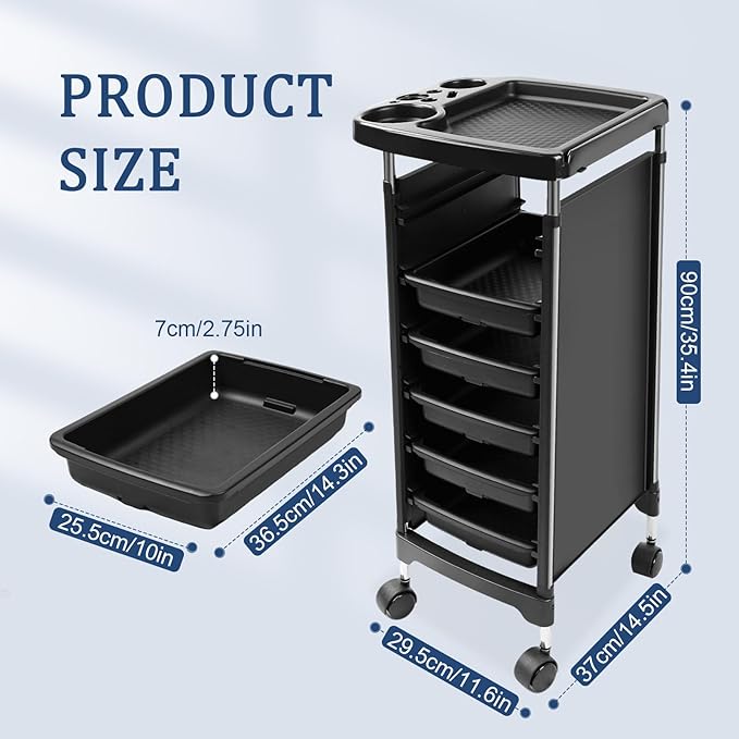 Professional Salon Trolley Cart, 5-Drawer Rolling Storage Organizer, Black, 35.4" Height with Wheels (Black-T28)