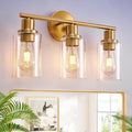 DLLT 3-Light Bathroom Light Fixtures: Gold Modern Vanity Wall Lights with E26 Bulbs - Clear Glass Shade Bathroom Wall Lamp for Mirror Kitchen Living Room Hallway Cabinet Porch