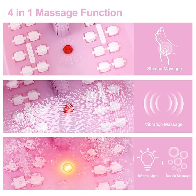 Foot Spa Bath Massager with Heat Bubbles and Vibration Massage and Jets, 16 OZ Calming Lavender Foot Soak Epsom Salt, Miwhale Foot Soaker with Red Light, 22 Massage Rollers, Adjustable Temp - Pink