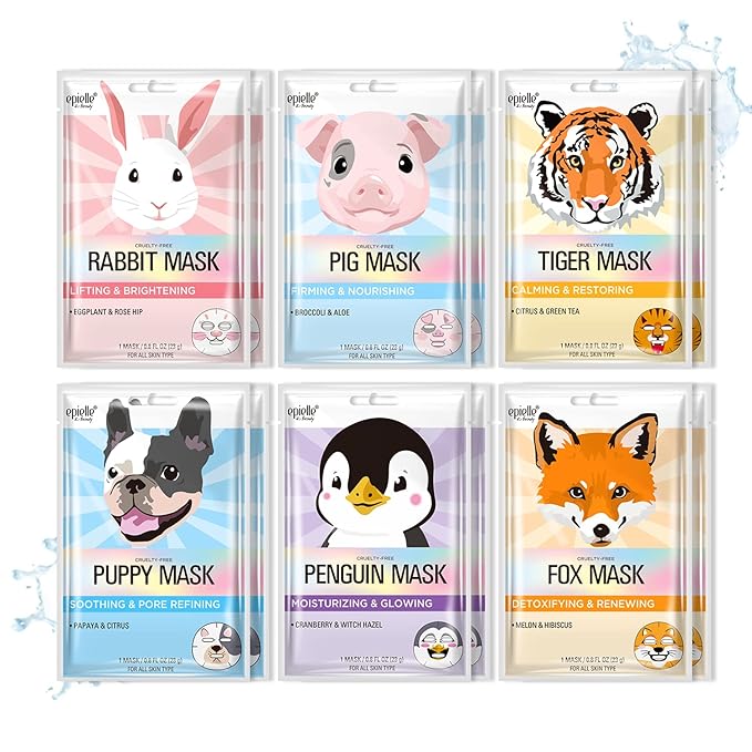 Epielle Character Face Mask Fuzzy Friends 12 Pack, Fun & Effective Korean Skin Care, Spa Party Favors, Mothers Day Gifts, Birthday Gifts for Women, Self Care Gifts