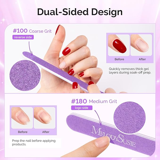 MelodySusie Nail File Kit, 2Pcs Double Sided 100/180 Grit Straight Shape Emery Boards for Nails, Professional Nail Art Manicure Pedicure Supplies for Home and Salon Use, Mothers Day Gifts, Purple