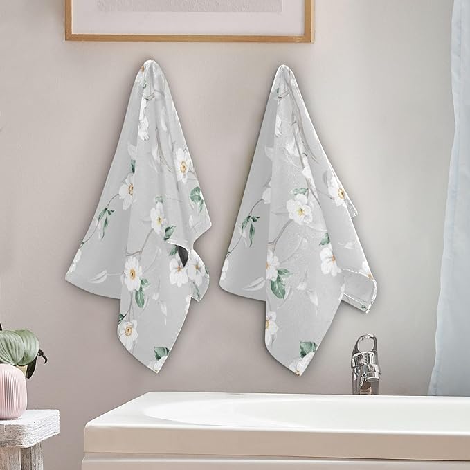 White Grey Blossom Flower Hand Towels for Bathroom Set of 2,Gray Green Leave Branches Floral Decorative Bathroom Towels for Bath,Face,Hair,Soft Absorbent Dish Towels for Kitchen Decor 28"x14"