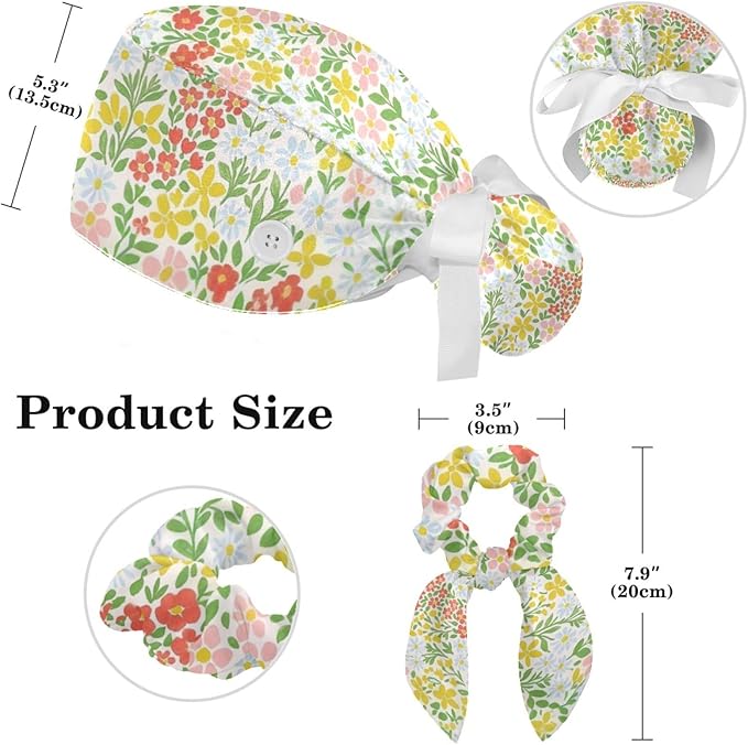 Scrub Caps Women Nursing Hats Floral Flowers with Buttons Ponytail Working Adjustable Pouch Tie Back