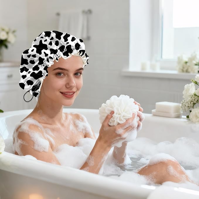 Shower Cap Reusable Double Layer Adjustable Elastic Waterproof EVA Hair Bath Caps for Women Girls Cute Aesthetic-Cow Leopard