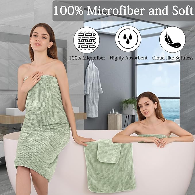 8 Piece Sage Green Bath Towels Set,2 Oversized Large Bath Sheets,2 Hand Towels and 4 Washcloths,600 GSM Soft Fluffy Luxury Towel Set,Highly Absorbent Quick Dry Towel Collection for Bathroom,Home,Hotel