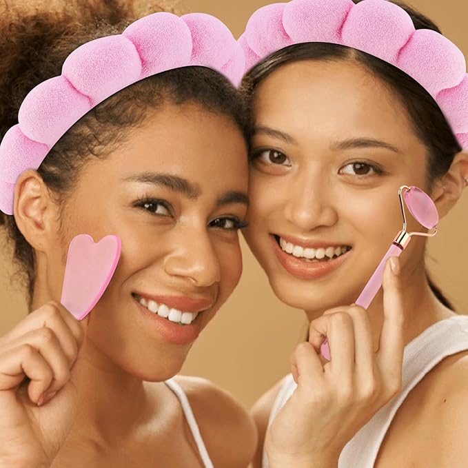 Chanaco Spa Headband and Wristbands for Women Skincare Headband for Washing Face Gua Sha & Jade Roller Facial Tools Pink Makeup Fash Wash Hairband Teen Girl Gifts Trendy Stuff