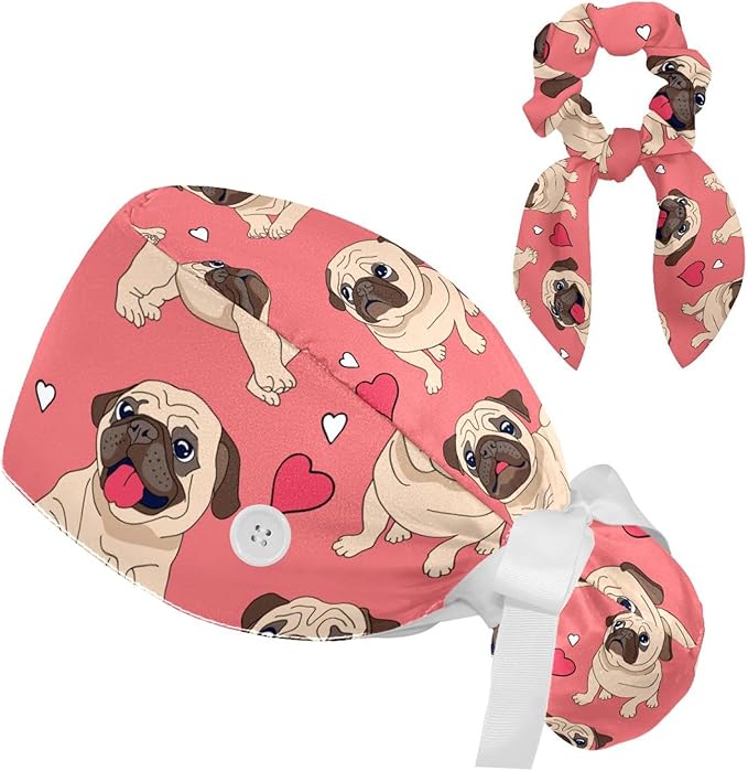 Adjustable Brown Dachshund Dog Blue Surgical Scrub Cap with Button,Sweatband for Women with Bow Hair Scrunchy