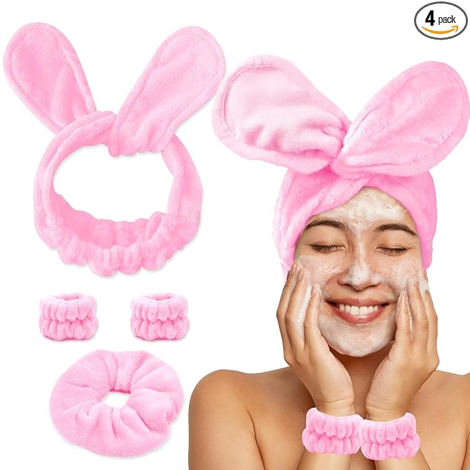 my novel things Hair Band for Washing Face, Adjustable Skincare Spa Headband and Wristband Set for Women Girl, Makeup Hair Headbands Cute Pink Versatile Fun Gift for Friend