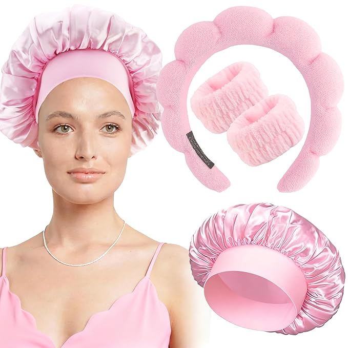 Pink Headband Hair Bonnet For Sleeping Shower Cap For Women Reusable Waterproof Skincare Head Bands Hair Accessories For Women Satin Bonnet Spa Headband Wrist Bands for Washing Face