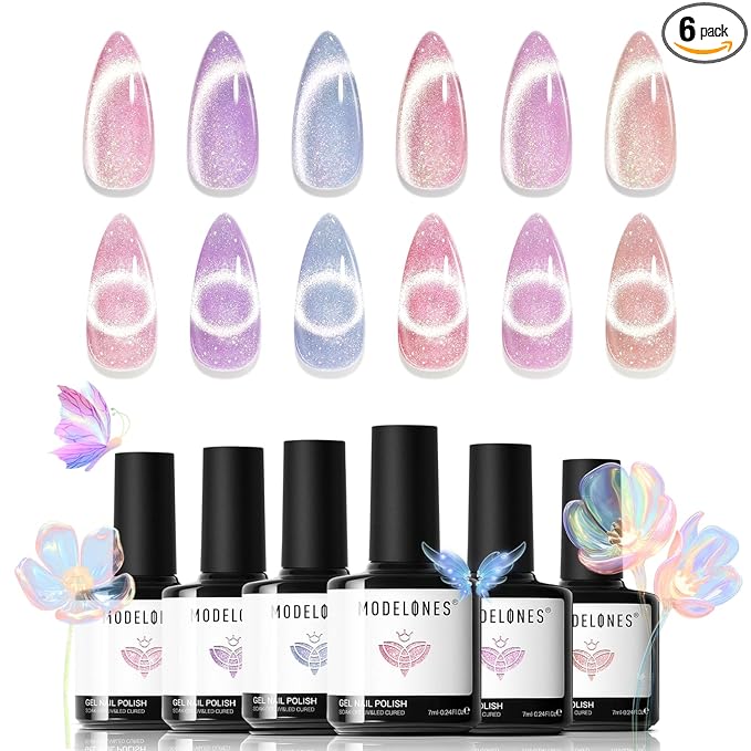 modelones Holographic Glitter Cat Eye Gel Nail Polish Kit 6 Colors with Magnet Romantic Rainbow Galaxy Series Pastel Gel Polish Soak Off Led Gel Nail Polish Set Nail Art Gel Manicure Salon DIY Gifts
