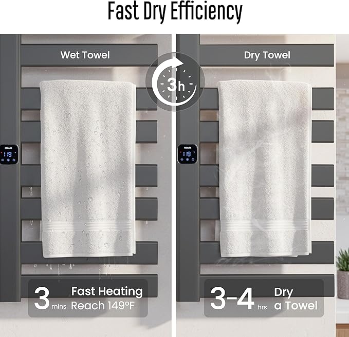 Towel Warmer, Heated Towel Rack with Built-in Timer and Temperature Control,Hard-Wired(Left-Wiring)/Plug-in Wall-Mounted Towel Rail, Aluminum，18.8" W X 34.64" H, Black