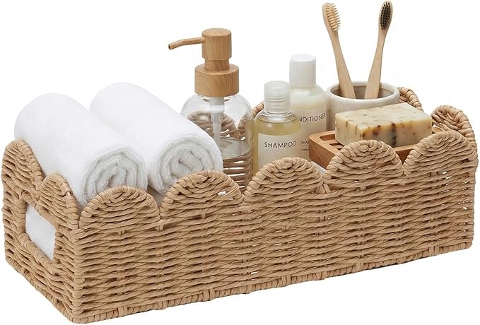 Scalloped Khaki Toilet Tank Basket for Back of Toilet, Wicker Bathroom Tray for Toilet Paper Storage, Bathroom Organizer for Tank Top, Countertop & Small Spaces