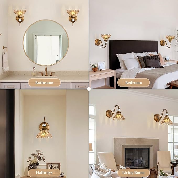 1 Piece Vintage Wall Sconce, 1-Light Matte Antique Brass Finish Wall Sconce with Hanging Crystal Accents and Flower-Shaped Amber Shades for Bathroom Bedroom Living Room,Vintage Vanity Light