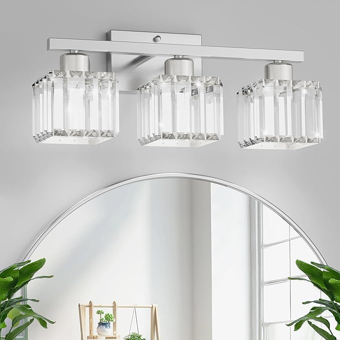 comzler 3-Light Bathroom Light Fixtures Over Mirror, Brushed Nickel Crystal Wall Sconce with E26 Base for Mirror Kitchen Living Room Bathroom, Square Crystal Shades (Bulbs Excluded)