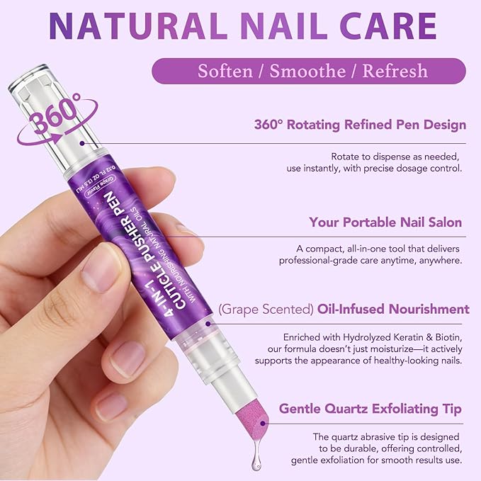 4-in-1 Cuticle Oil Pen for Nails, Nail Cuticle Polishing & Remover Tool with Quartz Cuticle Pusher and Nail Buffer, Nourishing Cuticle Care for Hangnails & Dry Cuticles, Portable Manicure Pen