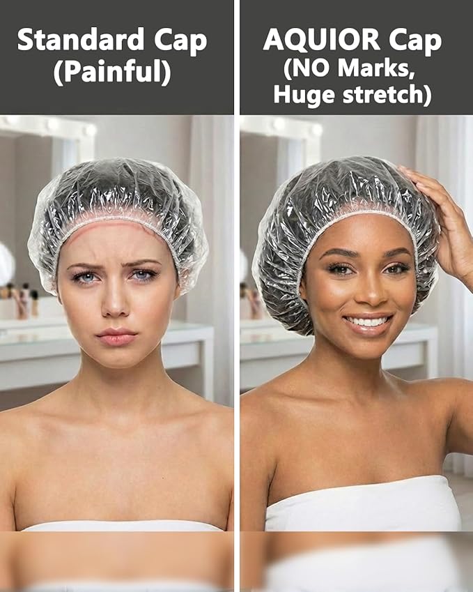 Aquior Shower Cap Disposable, 50 PCS Bath Caps Larger Thick Clear Waterproof Plastic Elastic Hair Bath Caps for Women, Hotel Travel Essentials Accessories Deep Conditioning Hair Care Cleaning Supplies