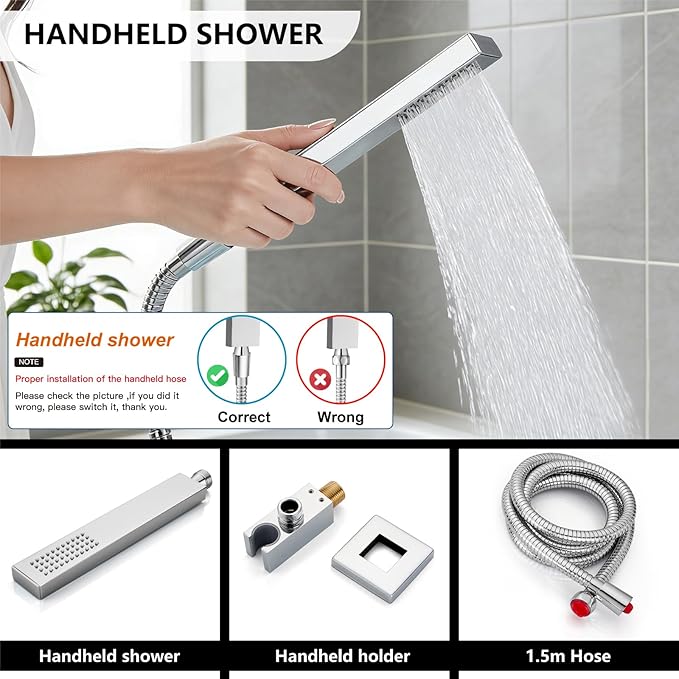 Midanya Shower System with Tub Spout,Bathtub Shower Faucet Set with Square Rainfall Head and Handheld Sprayer Wall Mount Tub Faucet Set with Valve and Trim Kit,10 Inch Polish Chrome
