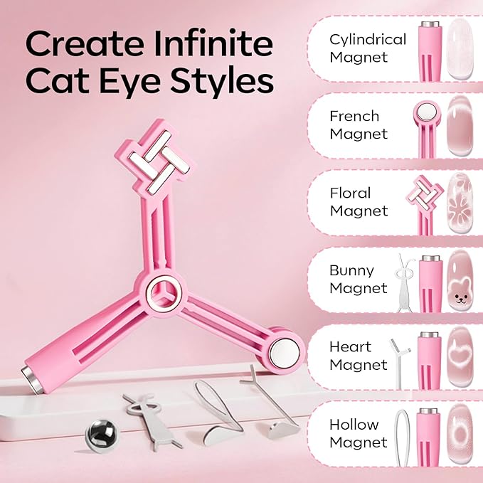 Modelones Cat Eye Magnet for Nails, 5 PCS Nail Magnet Tool Set for Cat Eye Gel Polish, 4-in-1 Cat Eye Nail Magnet with Magnetic Bead, Heart, Bunny &Circle Cat Eye Magnets for DIY Nail Art