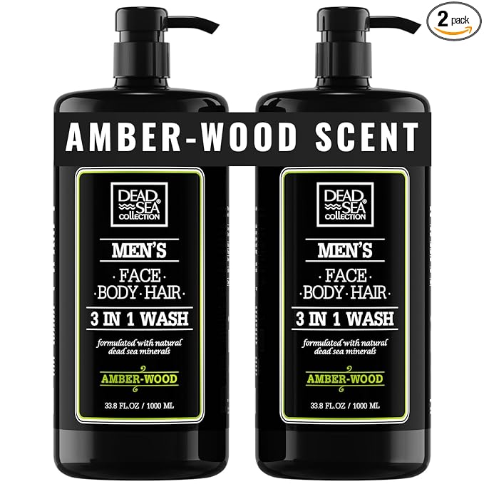 Dead Sea Collection Amber Wood Men’s Body Wash – 3 in 1 Body Wash for Men for Hair, Face & Body – Moisturizing Shower Gel with Dead Sea Minerals – Pack of 2 (33.8 fl oz each)