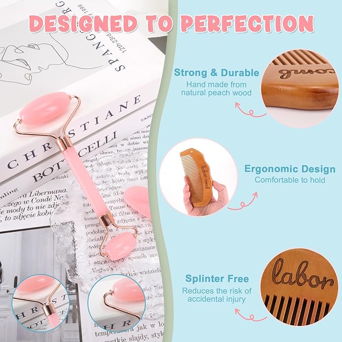 Birthing Comb for Labor Pain and Gua Sha Facial Tools, Post Partum/Home Delivery Essentials, Pregnancy/Birth/Hospital Bag Must Haves, Jade Roller Stone Massager,Gifts for Expecting Mom Women (Pink)