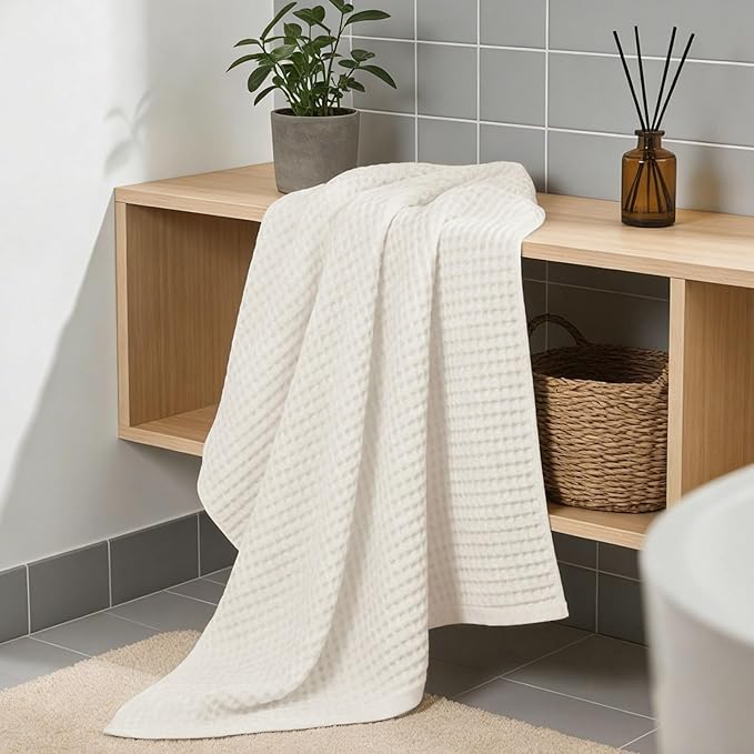 Jacquotha Waffle Bath Towels Set of 2 (Mist White) – Cotton, Quick Dry, Low Lint, 31” x 62” Large Towels for Bathroom Shower Spa Pool