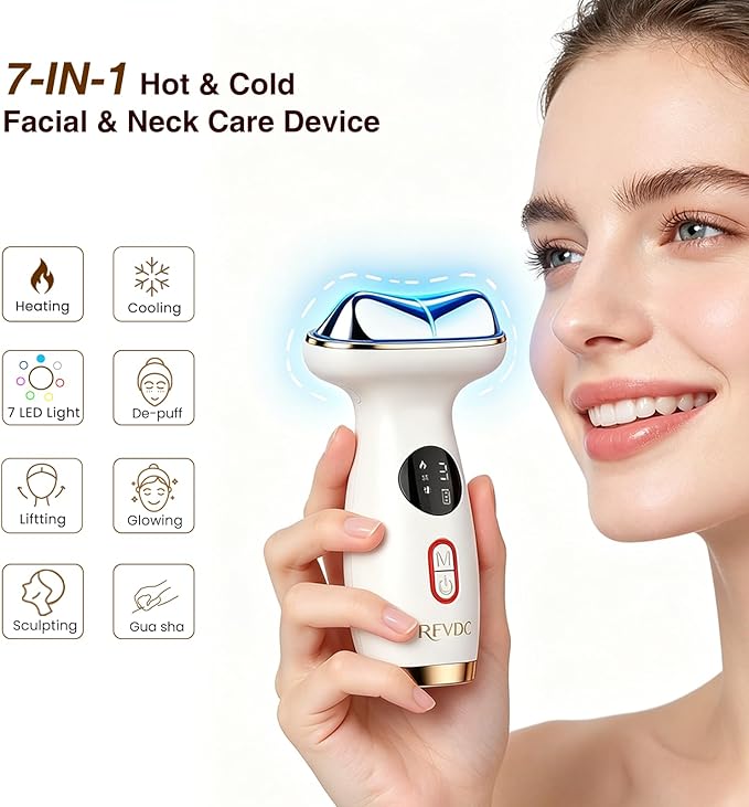 Cold Heat Gua Sha Facial Neck Lymphatic Massager, 7-in-1 LED Red Light Face Depuffer Sculpting Tool, Hot Electric Gua Sha Lift Device & Cooling Depuffing Wand, for Contouring, Firming