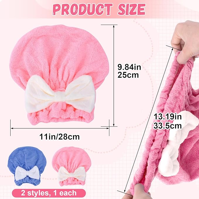 2PCS Hair Towel Wrap for Women, Soft Microfiber Hair Drying Caps with Bow, Super Absorbent Fast Drying Towel Wrap for Shower Bathroom Daily - Pink, Blue