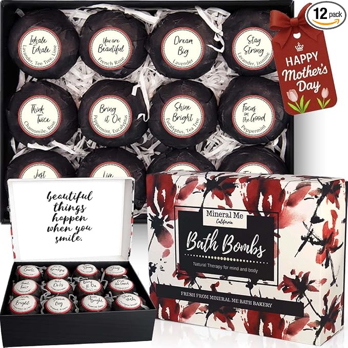 Bath Bombs for Women Relaxing with Inspirational Messages, 12 Natural and Organic Bath Bombs with Essential Oils & Skin Moisturizing Shea Butter. Birthday Gift, Mothers Day Gift for Mom, Wife