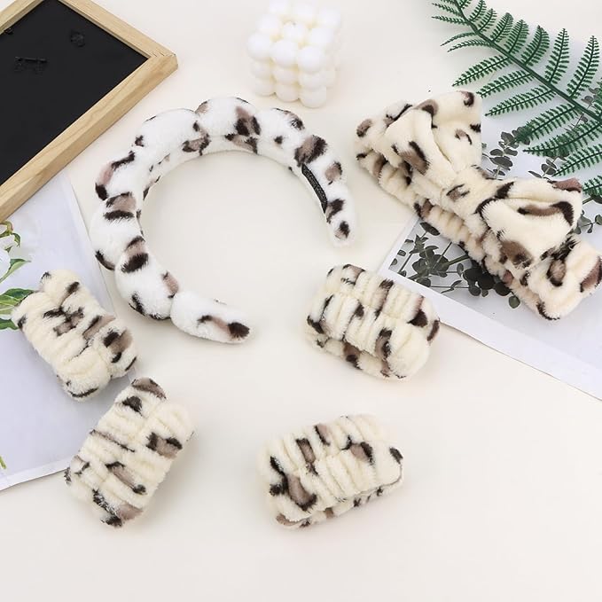 Beige Leopard Spa Headband and Wristband Set, 6 PCS Microfiber Skincare Hair Band with Bow & Cloud Design, Soft Elastic Face Washing Accessories for Makeup
