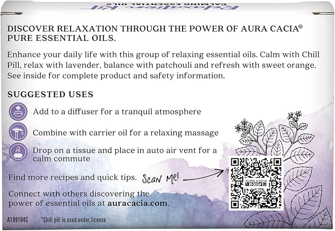 Aura Cacia Essential Oil Relaxation Kit, 4-Pack, Lavender, Patchouli, Sweet Orange, Chill Pill