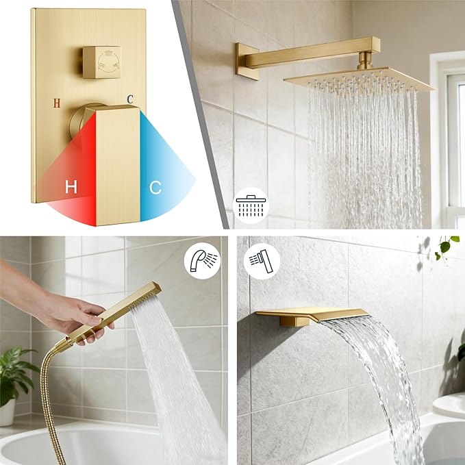 Midanya Shower System with Tub Spout,Bathtub Shower Faucet Set with Square Rainfall Head and Handheld Sprayer Wall Mount Tub Faucet Set with Valve and Trim Kit,10 Inch Brushed Gold