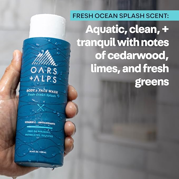 Oars + Alps Body Wash for Men, Mens Body Wash & Face Cleanser with Vitamin E & Antioxidants, Moisturizing, Paraben & Sulfate Free Cleanser, Fresh Ocean Splash, 1pk