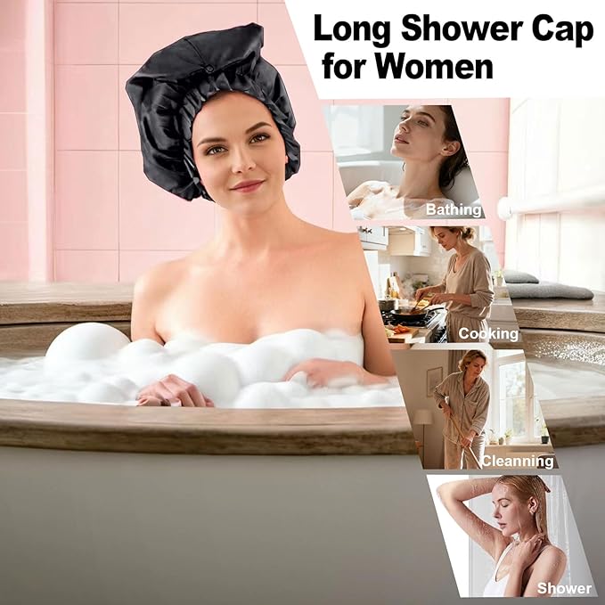 ELEBOX Extra Large Shower Cap for Braids/Curly Hair/Dreadlock | Reusable Waterproof Long Bonnets for Women Bath/Swim/Cooking/Cleaning/Spa | XL Bathing Cap with Adjustable Drawstring & Button, Black