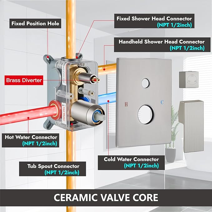 Midanya Shower System with Tub Spout,Bathtub Shower Faucet Set with Square Rainfall Head and Handheld Sprayer Wall Mount Tub Faucet Set with Valve and Trim Kit,16 Inch Brushed Nickel
