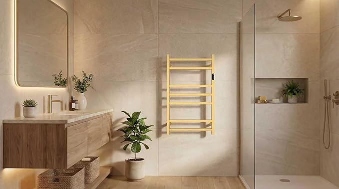 7 Bars Luxury Towel Warmers Wall Mounted Heated Towel Rack, Towel Warmer Rack for Bathroom with Timer & Temperature Multi-Level Adjustable, Hardwired and Plug-in Compatible (Brushed Gold)