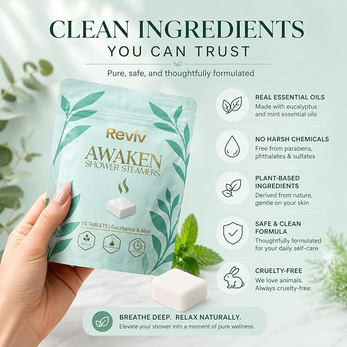 REVIV Shower Steamers Aromatherapy (15 Pack) - Eucalyptus Mint Shower Tablets for Sinus Relief & Stress Relief - Self Care for Busy Women, Home Spa Shower Bombs, Gift for Women & Men