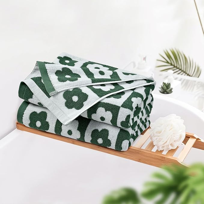 Jacquotha 2-Pieces Luxury Bath Towels Checkered Floral, Green Towels for Women Girls Shower Body 27.5x55 Inches, Cute Bathroom Decor, Cotton