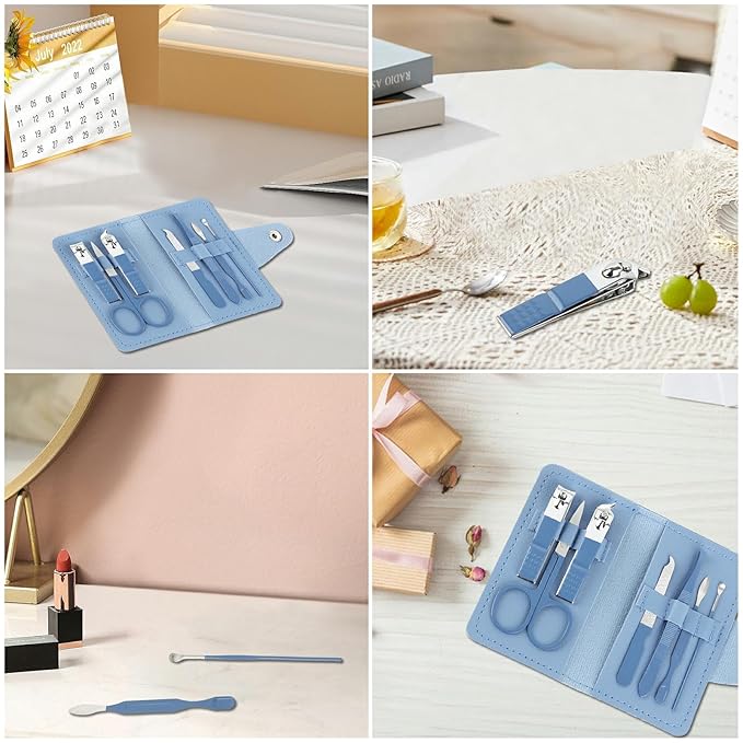 Manicure Set, 7 in 1 Professional Nail Clippers Scissors Pedicure Kit, Stainless Steel Nail Care Tools with Case, Portable Manicure Grooming Kit Christmas Stocking Stuffers Gift for Women (Blue)