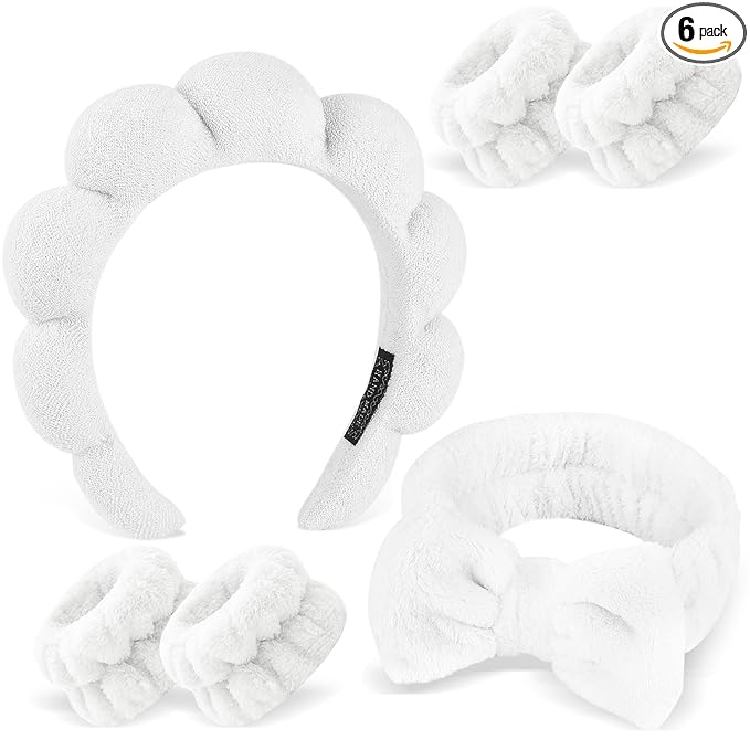 Zkptops 6Pcs Spa Headband for Washing Face Wristbands Set Women Bubble Makeup Sponge Terry Cloth Padded Puffy Skincare Headband Bow Tie Hairband Cute Non Slip Thick Hair Accessory Gifts (White)