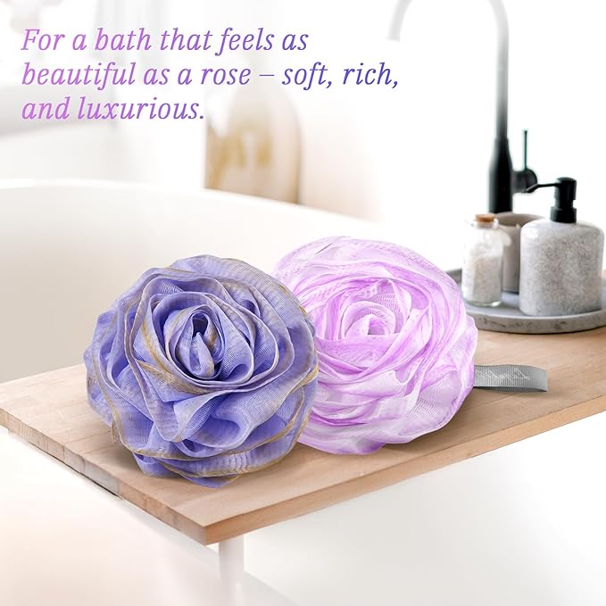 LAYUKI Bath Loofah, Shower Loofah, Body Loofah, Bath Sponge, Shower Sponge, Body Sponge, Bath Scrubber, Shower Scrubber, Body Scrubber, Rose-Shaped, Elegant (Set of 2 Pieces,Purple and Grey)