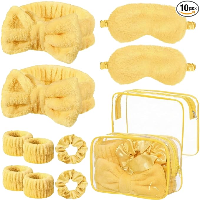 Hoteam 10 Pcs Spa Party Supplies Gift for Mother's Day Sleepover Party Favor Spa Headband Wristband Sleep Eye Mask Velvet Scrunchies for Skin Care Makeup Slumber Night Favor(Yellow)
