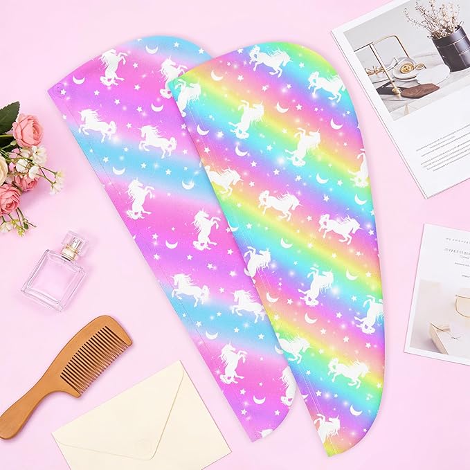 Microfiber Hair Towel Wrap for Kids 2 Pack Quick Drying Hair Towels with Button Hair Turbans for Wet Hair Absorbent Quick Dry Wraps Head Towel Wrap for Women and Girls, Rainbow Blue Purple Unicorn