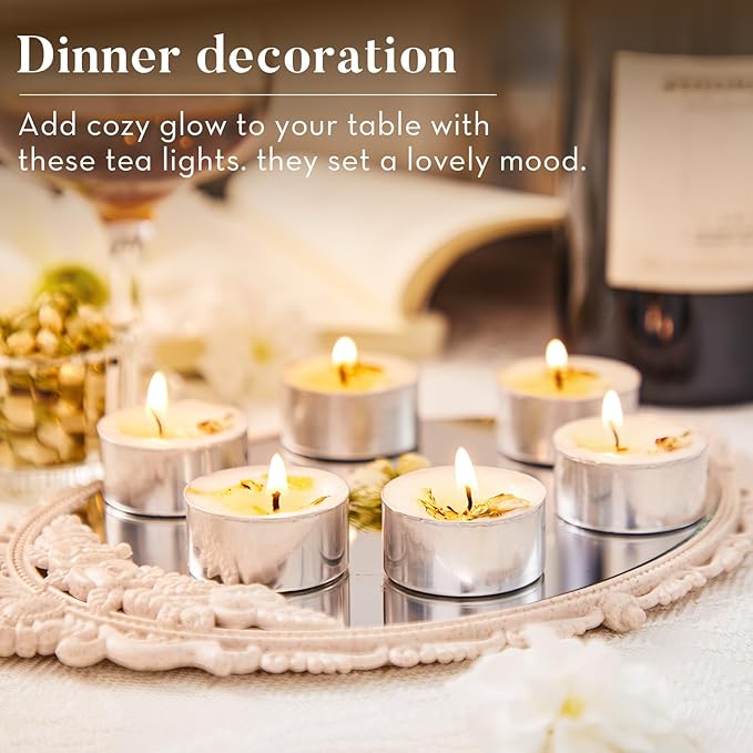 16 Pack Jasmine Tealight Candles with Real Dried Petals, Natural Soy Wax, 6-Hour Burn Time for Home, Wedding & Bath Decor