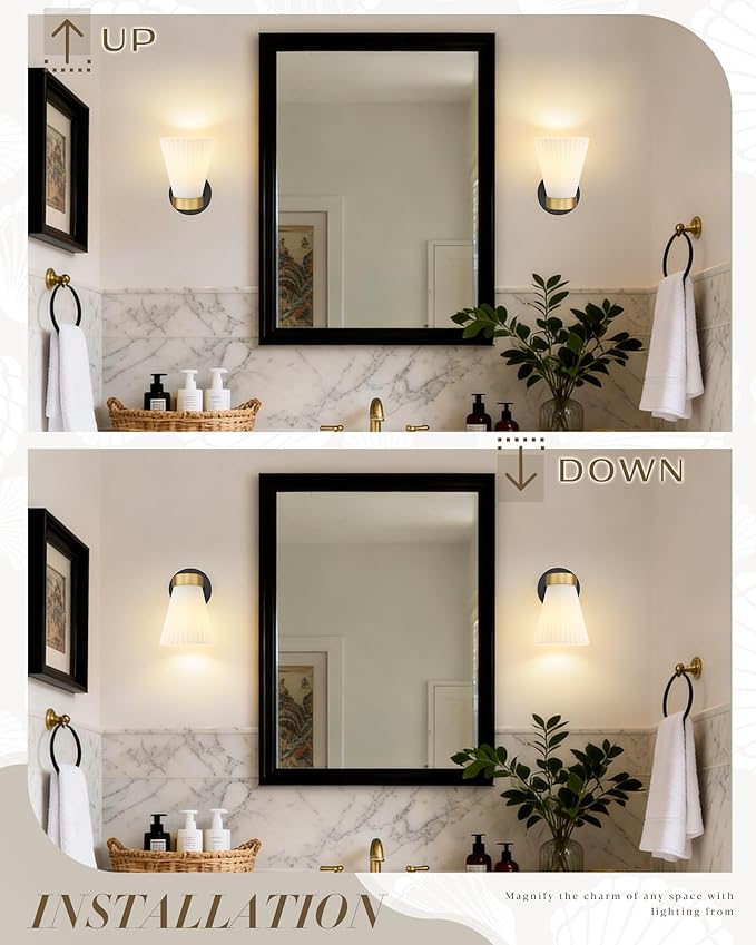 Set of 2 Wall Sconces for Bathroom, HWH 1-Light Bathroom Vanity Light with Frosted Milk White Striped Glass, Indoor Wall Mount Lighting Fixtures, Black and Gold Finish, 5HZG97B-2PK BK+BG