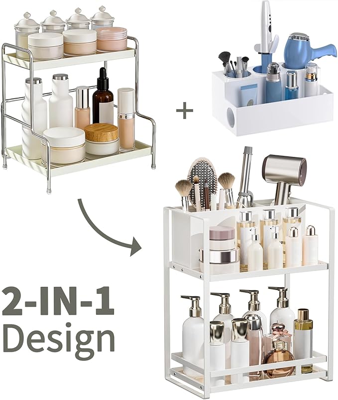 SanDream Hair Tool Organizer Bathroom Countertop, 2-Tier Metal Bathroom Organizer with Blow Dryer Holder, Large Capacity Space-Saving Vanity Shelf for Perfume, Skincare & Makeup Storage (White)