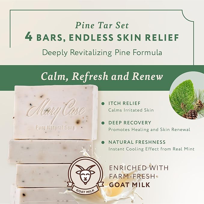Mary Case Goat Milk & Pine Tar Bar Soap Set of 4 | Natural Soap with Olive, Coconut & Pine Oils + Dried Pine Leaves | Bath Soap for Men & Women | Sensitive Skin,