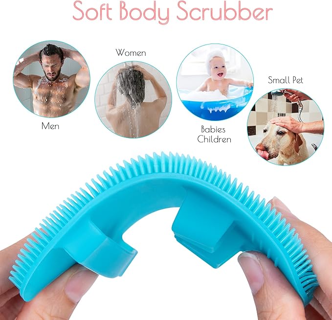2 Pack Soft Silicone Shower Brush, Body & Face & Short Hair Wash, Bath Exfoliating Skin Massage Scrubber, Dry Skin Brushing Glove Loofah, Fit for Sensitive and All Kinds of Skin (Blue+Gray)
