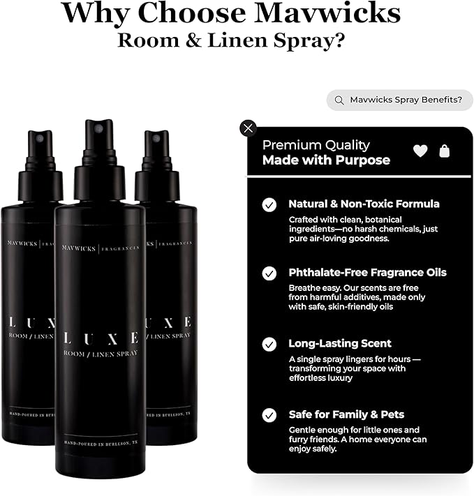 Mavwicks Fragrances - (Luxe) Linen & Room Spray (8oz) – Bedroom & Home Fragrance Mist, Long-Lasting Freshness To Brighten Up Your Space, Fabric & Air Freshener, Aromatherapy Scent Spray