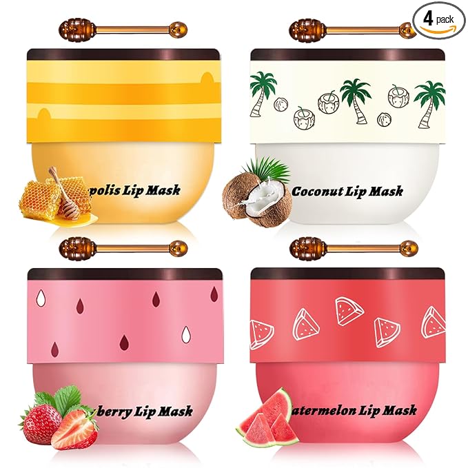 4PCS Honey Lip Balm Hydrating Honey Lip Mask Overnight Propolis Bee Lip Balm Prevention Dry and Cracked Lip Scrub Exfoliator (Honey+Strawberry+Coconut+Watermelon)